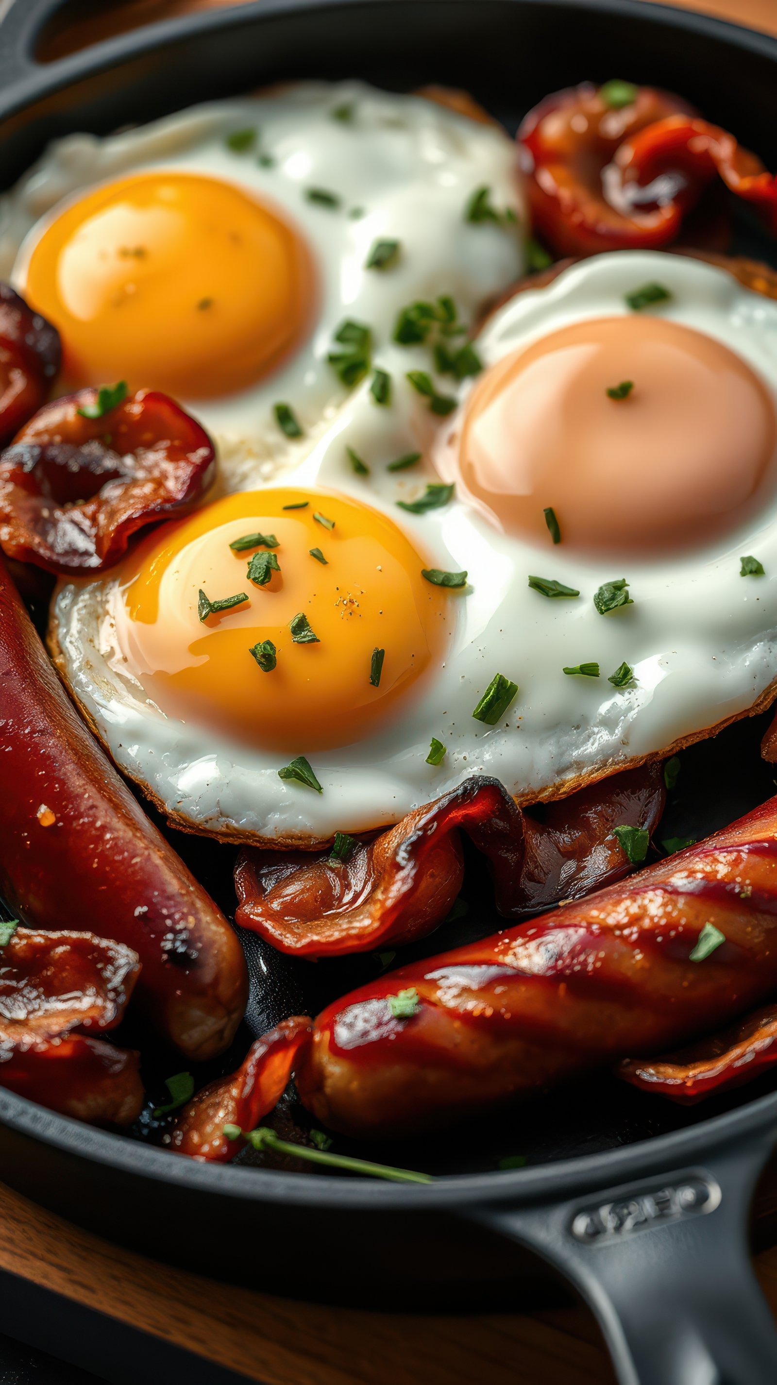 Delicious breakfast with sunny side up eggs and crispy sausage on a skillet served with fresh herbs